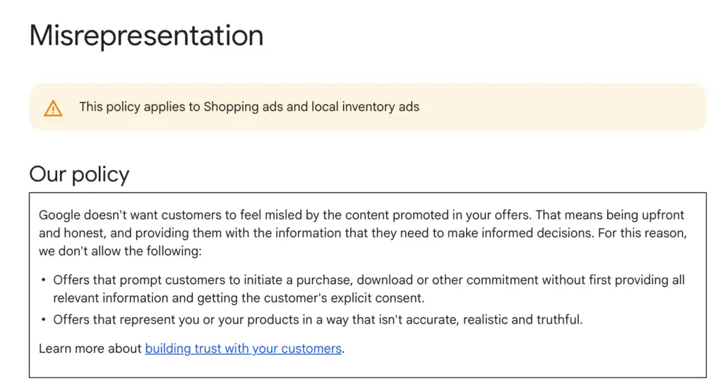 Policy page titled Misrepresentation with a beige warning banner about Shopping and local inventory ads, then the 'Our policy' section and detailed text. - Informational image for a policy page about misrepresentation in ads.
