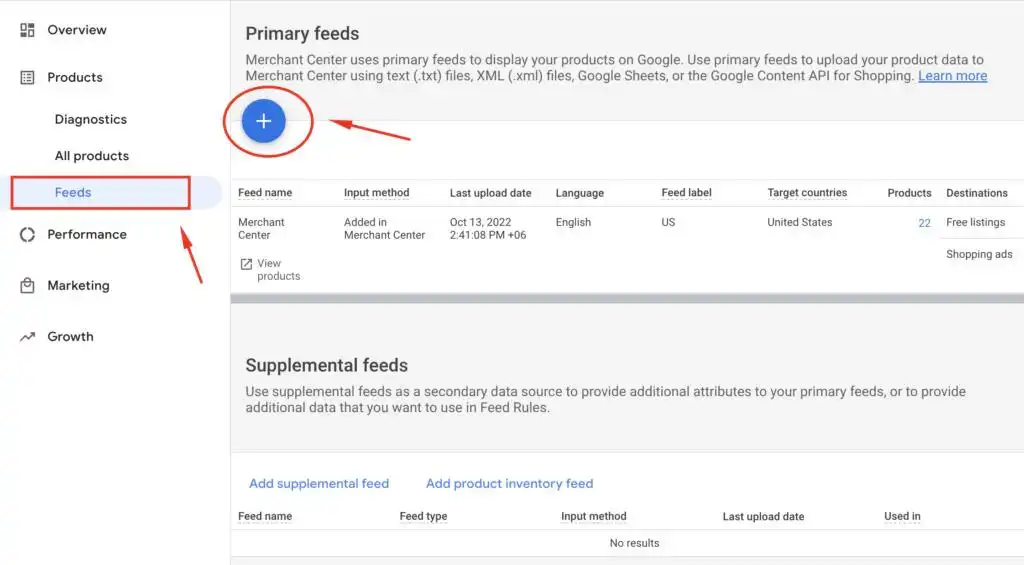 Google Merchant Center Feeds page