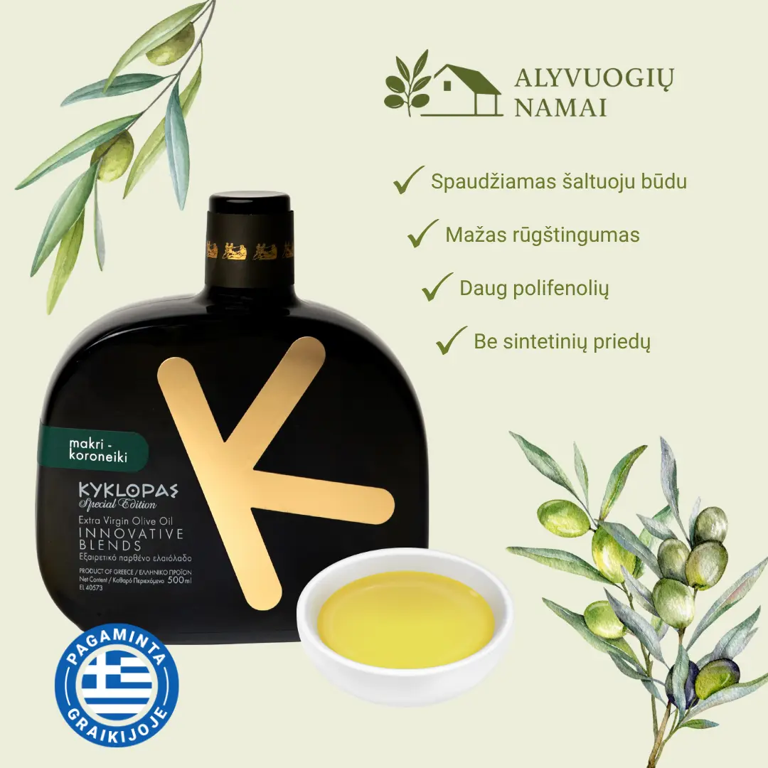 Dark olive oil bottle with a gold 'X', olive branches, and a small bowl of oil; Lithuanian ad text and logo visible.
