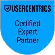 Skaitmeninės rinkodaros ir pardavimų auginimo agentūra nuo 2006 metų Blue shield badge displaying 'Usercentrics' and 'Certified Expert Partner' to indicate partnership status with Usercentrics.