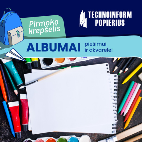 Banner for drawing and watercolor albums showing a notebook, colored pencils, markers and a backpack.
